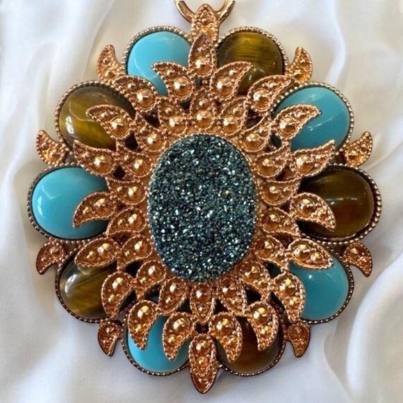 Beria Collection 18KT Rose GP Turquoise & Tigers Eye Floral Pendant Necklace - Picture 1 of 8